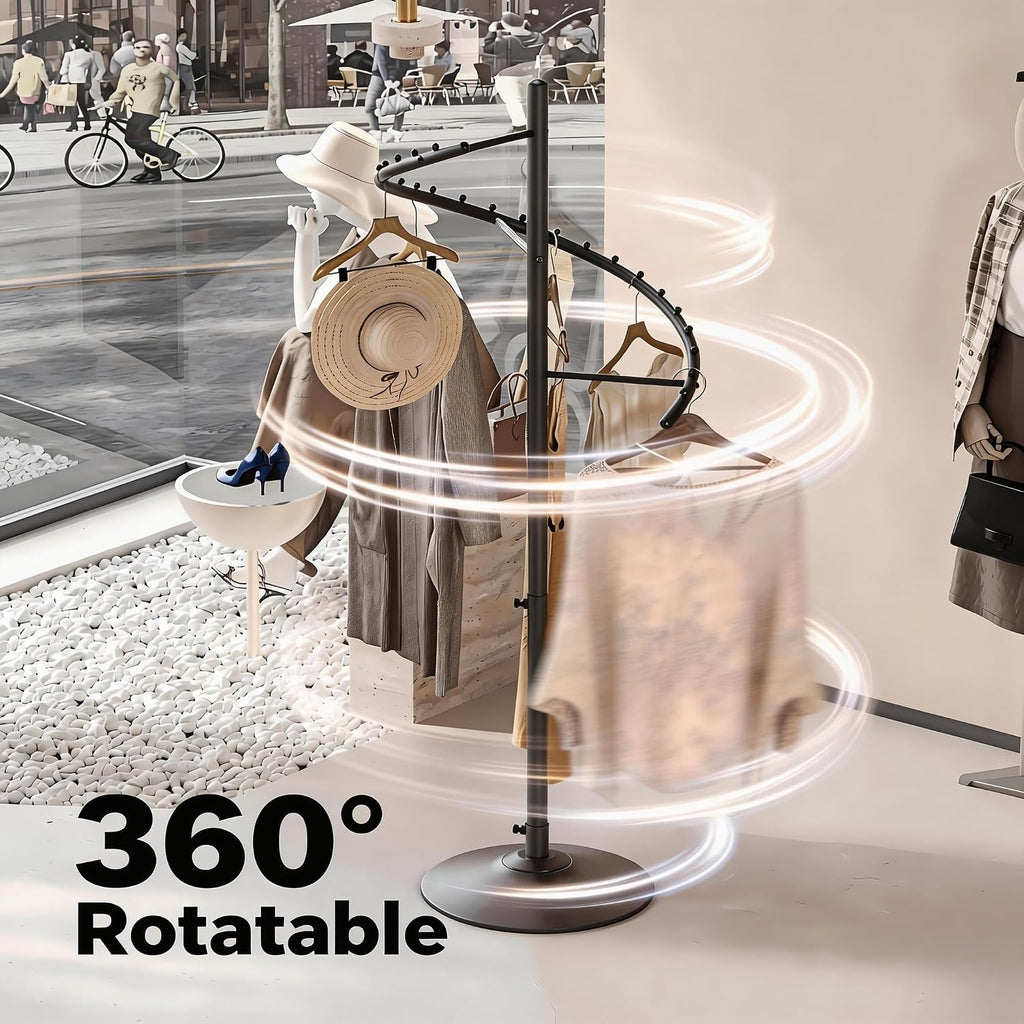 HKaikzo Freestanding 360° Rotating Clothing Rack, Height Adjustable Heavy Duty Metal Spiral Garment Display Rack Modern Coat Stand for Shops, Boutique, Entrance Hall, Bedroom Space Saving