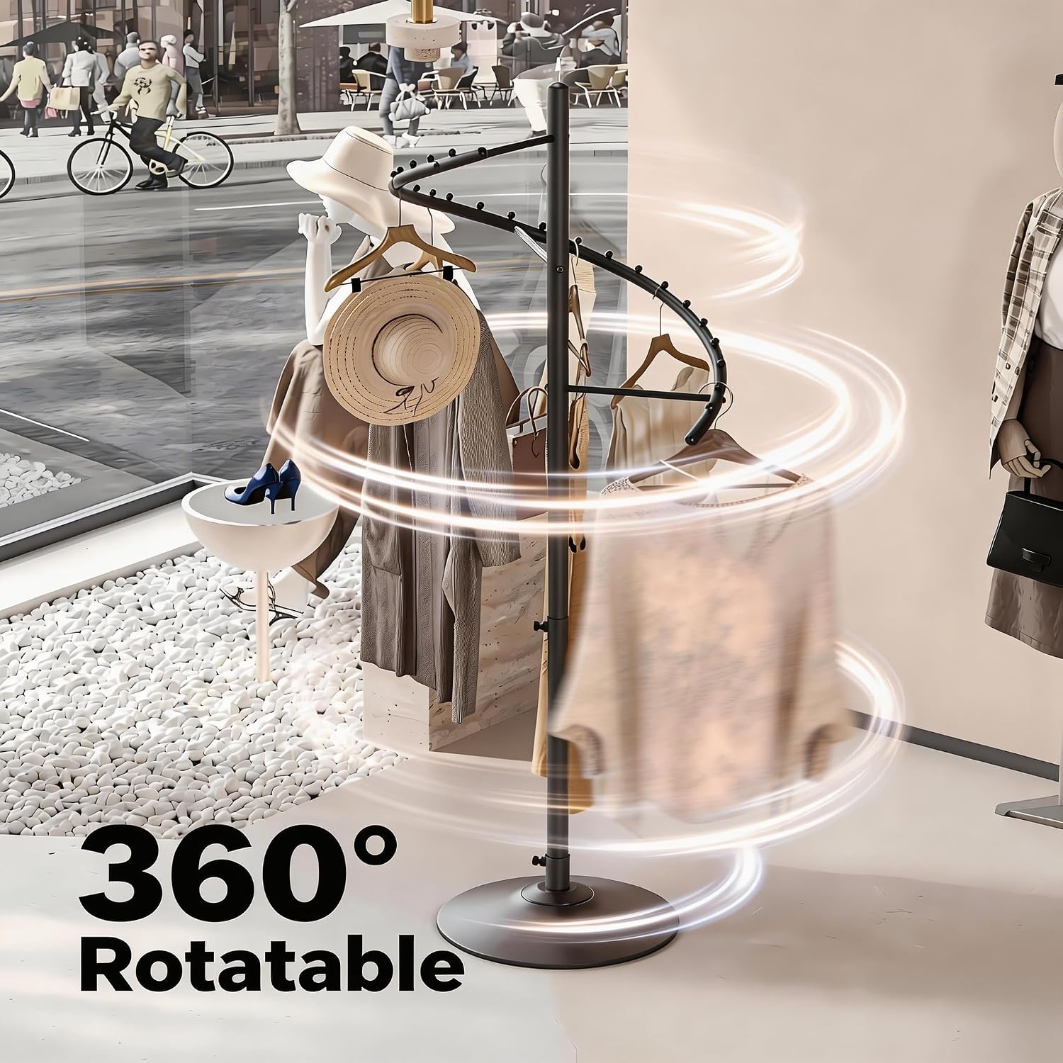 HKaikzo Freestanding 360° Rotating Clothing Rack, Height Adjustable Heavy Duty Metal Spiral Garment Display Rack Modern Coat Stand for Shops, Boutique, Entrance Hall, Bedroom Space Saving