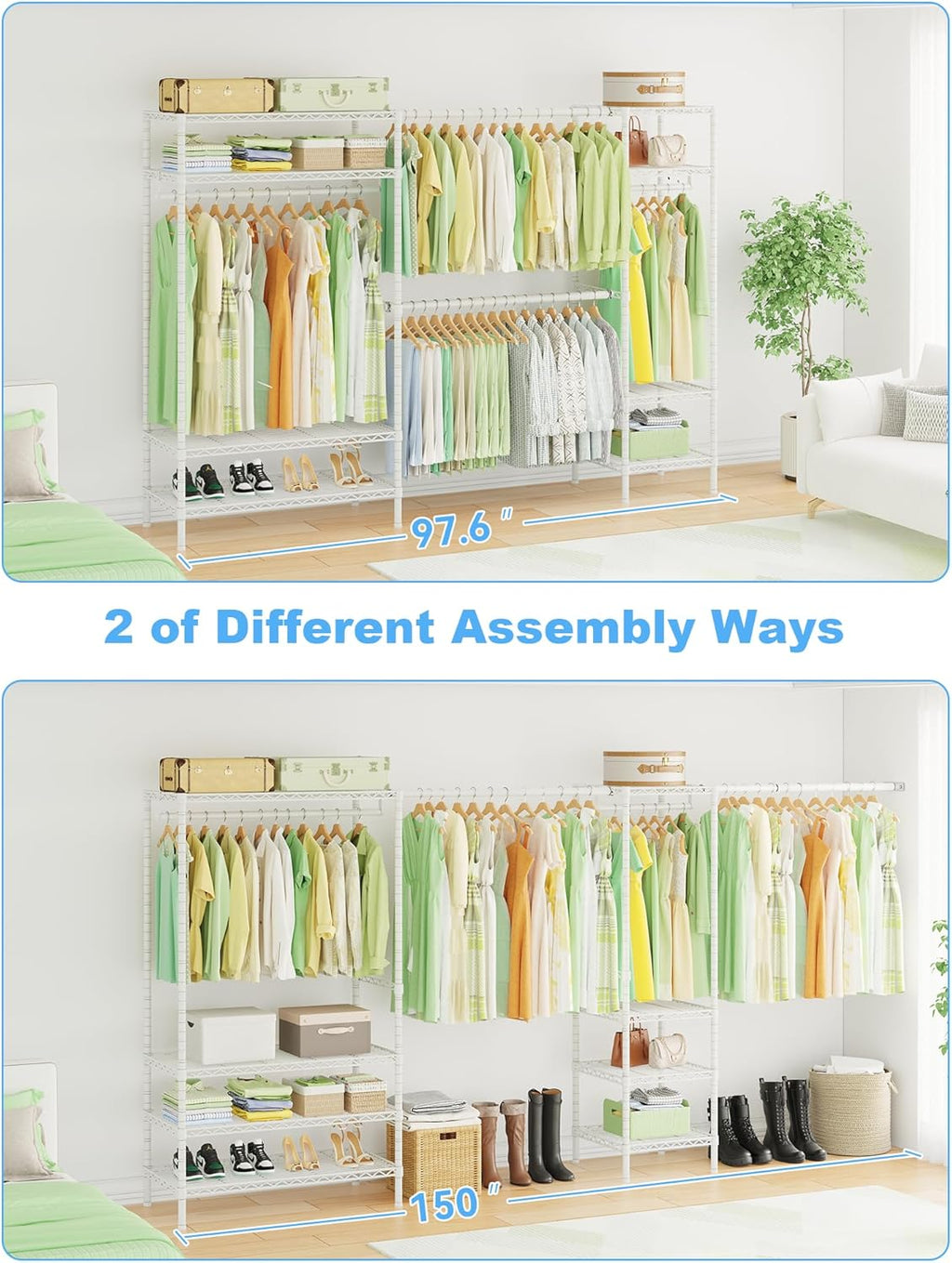 Ulif E11 Heavy-Duty Garment Rack, Metal Freestanding Clothes Rack and Closet Storage Organizer with 8 Shelves and 4 Hanger Rods, (73.2-97.6)' W x 14.5' D x 71.2' H, Load 1034 LBS, White