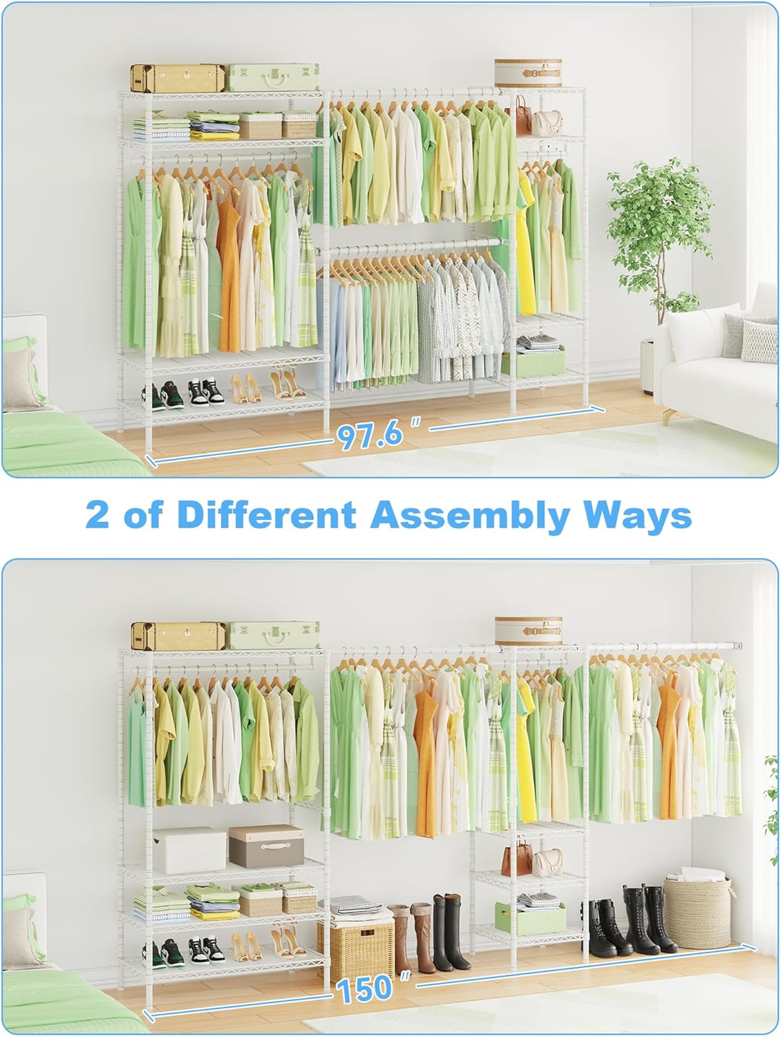 Ulif E11 Heavy-Duty Garment Rack, Metal Freestanding Clothes Rack and Closet Storage Organizer with 8 Shelves and 4 Hanger Rods, (73.2-97.6)' W x 14.5' D x 71.2' H, Load 1034 LBS, White