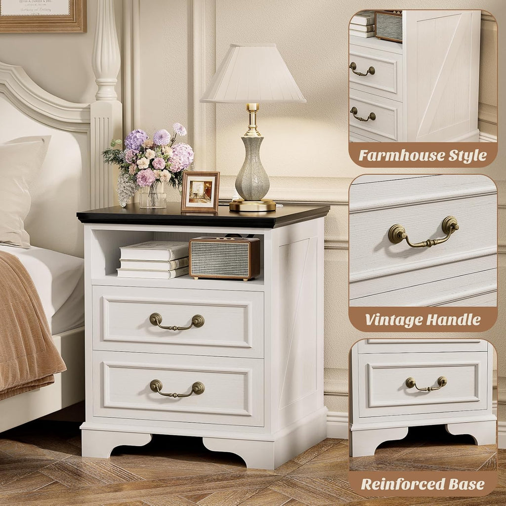 Unikito 24' Tall Farmhouse Nightstand with Charging Station, Rustic End Table with Drawer & Open Storage, Beside Table for Bedroom, Antique White