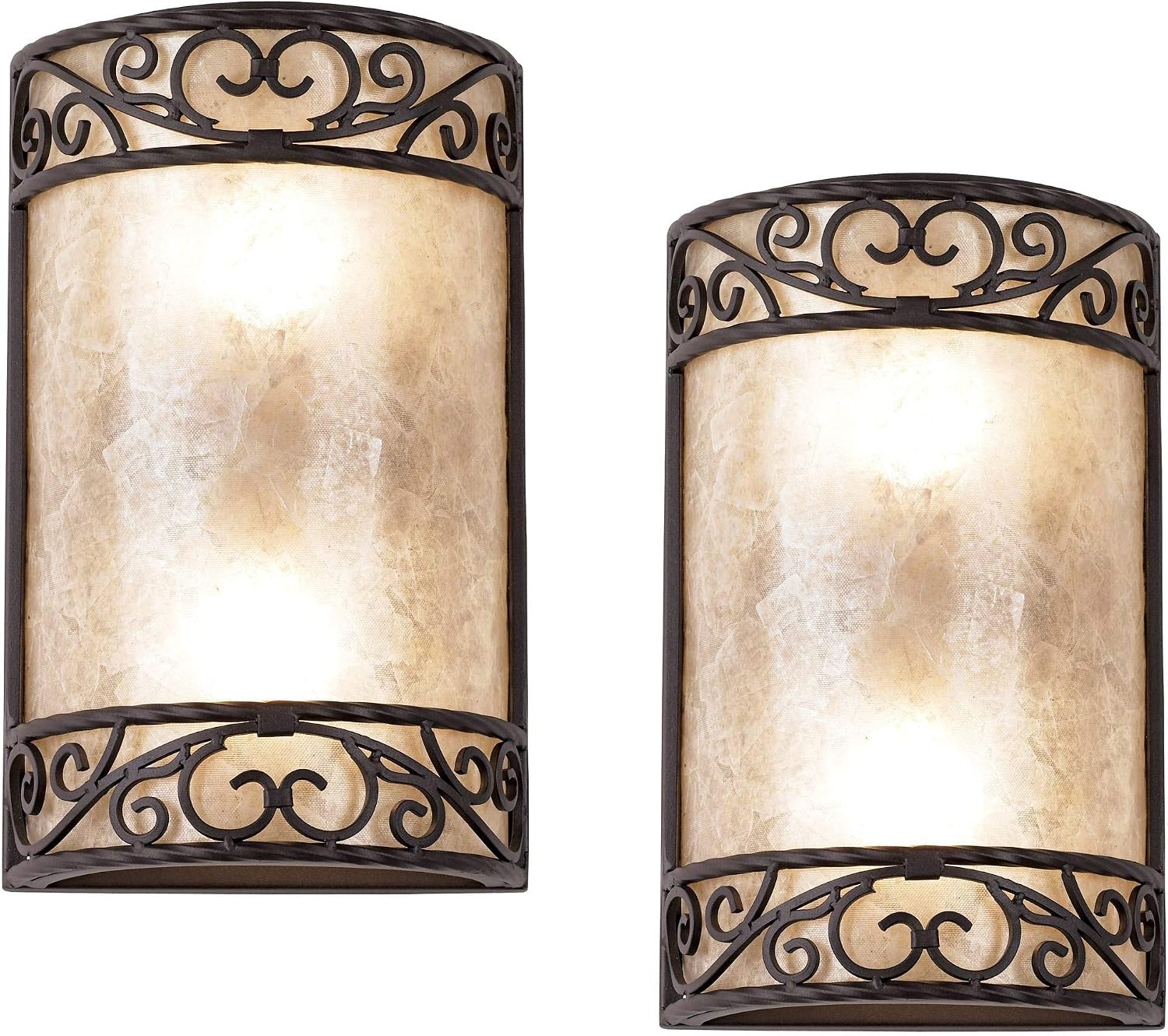 John Timberland Natural Mica Collection Antique Wall Light Sconces Set of 2 Rustic Walnut Brown Hardwired 12 1/2' High Fixture Scrollwork for Bedroom Bathroom Bedside Living Room Home Hallway