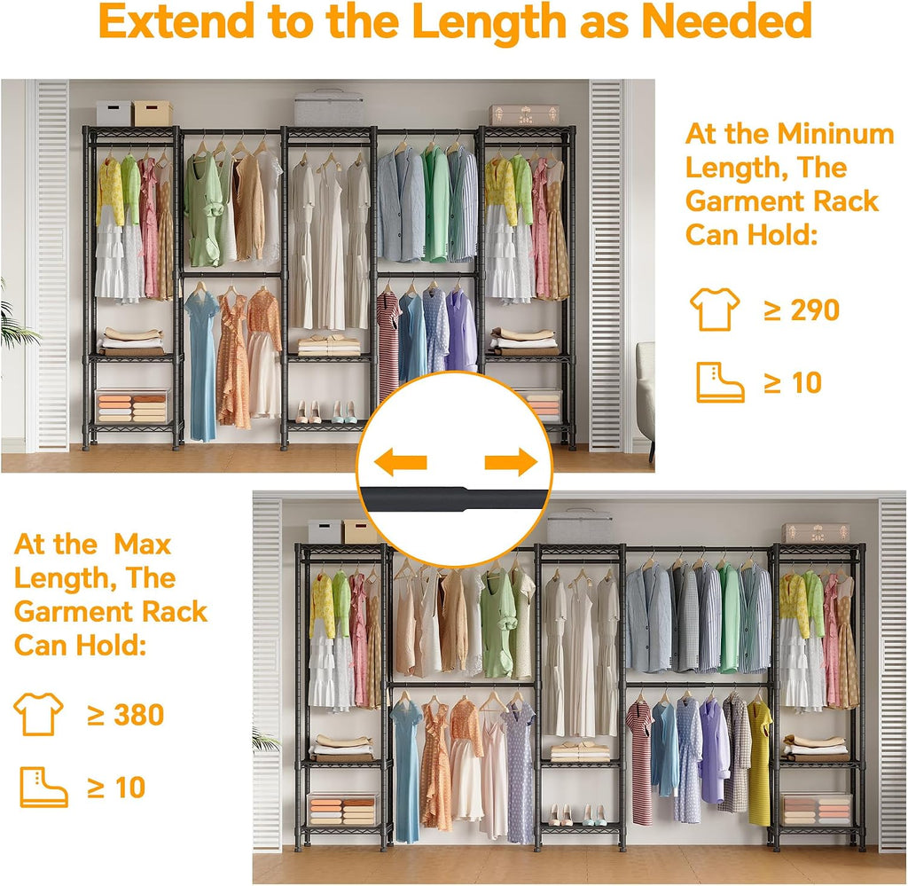 Higeego H11 Large Clothing Rack for Hanging Clothes Heavy Duty Garment Rack, Freestanding Wardrobe Closet Organizer and Storage with Expandable Hanger Rods, Extendable from 7.8 to 10.8 ft, Black