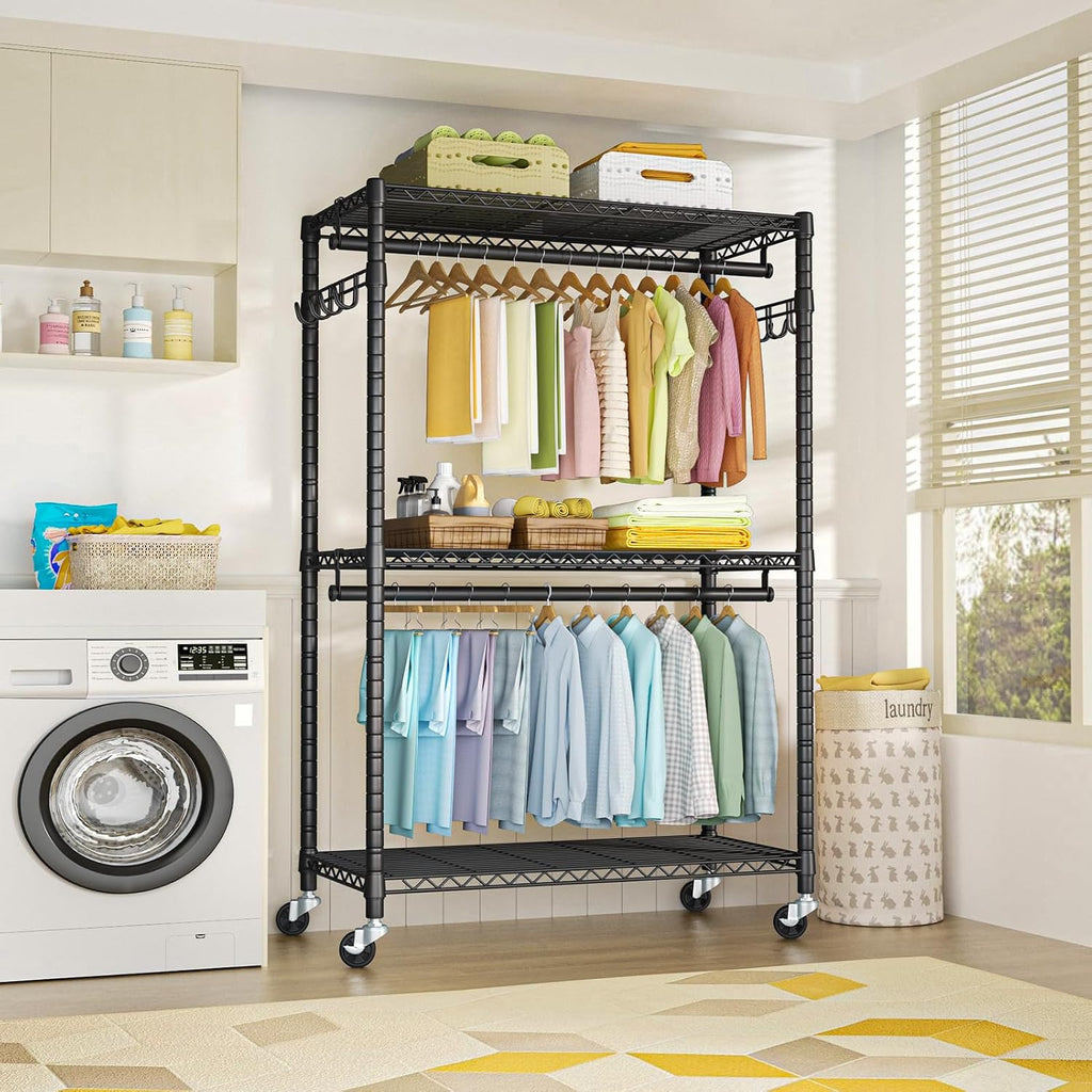 FUTASSI P1 Plus Rolling Clothes Rack, 22mm Diameter Heavy Duty Garment Rack with Wheels, Portable Closet Wardrobe with Double Rods, 45' W x 17.7' D x 80.5' H, Max Load 524 LBS, Black