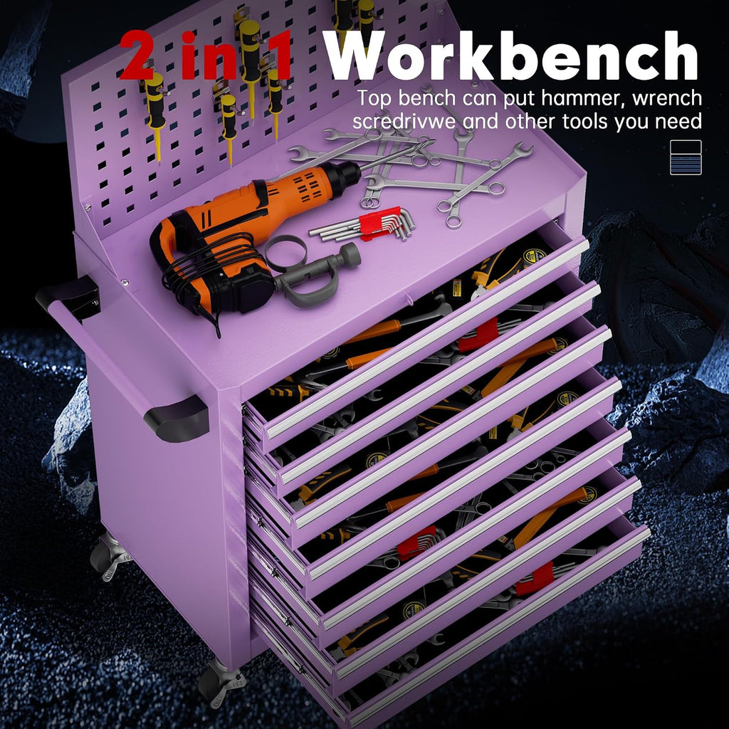 Superday Rolling Tool Chest, 7 Drawer Portable Tool Chest with Wheels, Tool Storage Cabinet with Lock for Garage, Steel Tool Cart with Pegboard & Hooks for Workshop, Warehouse (Purple)
