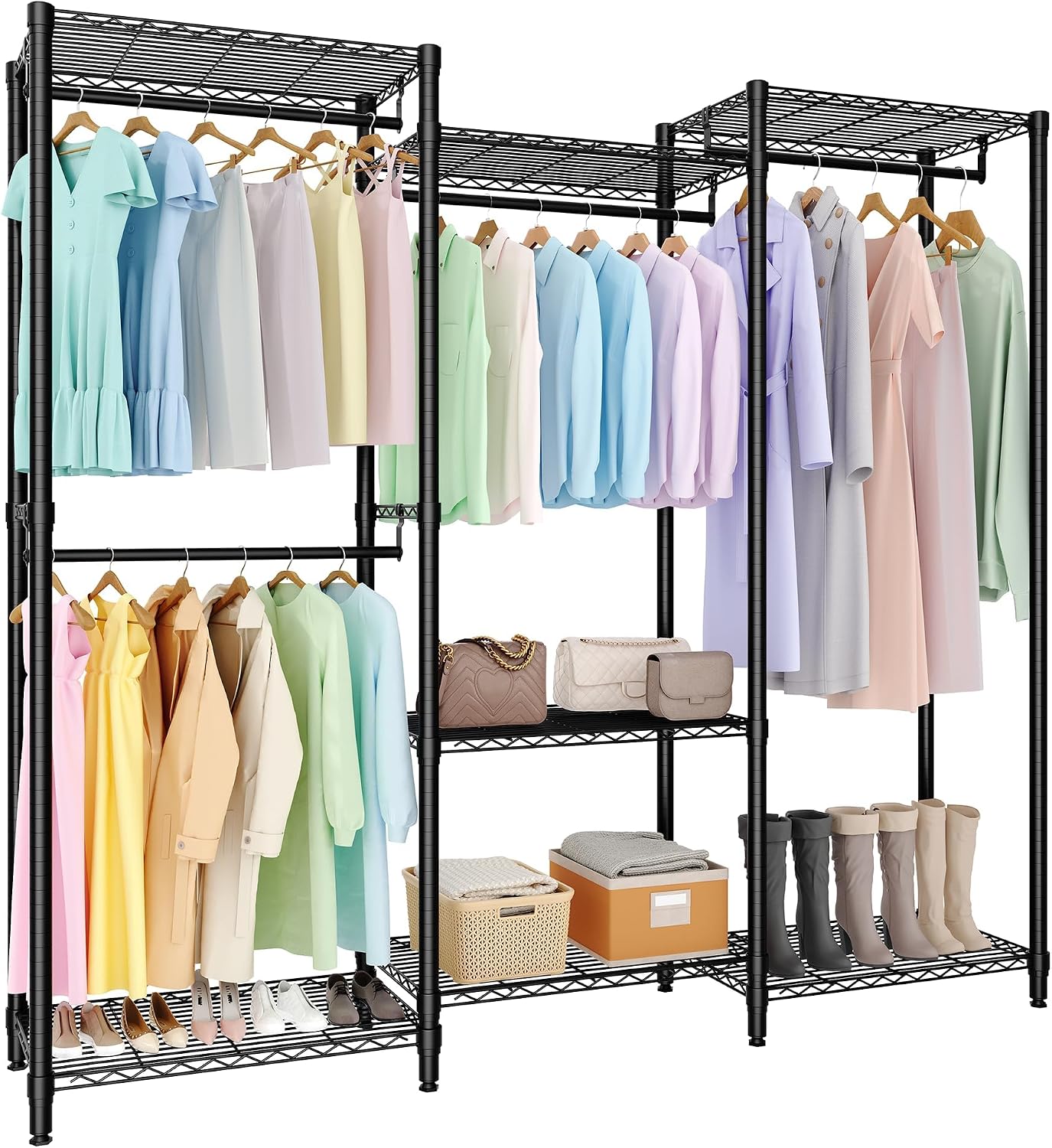 5-Tier Heavy Duty Clothes Rack, 1630LBS Load, Sturdy Metal Garment Rack with Wire Shelves, Multi-Functional Wardrobe Closet with Hanger Rods for Hanging Clothes, 15.5'D x 67.6'W x 76.5'H
