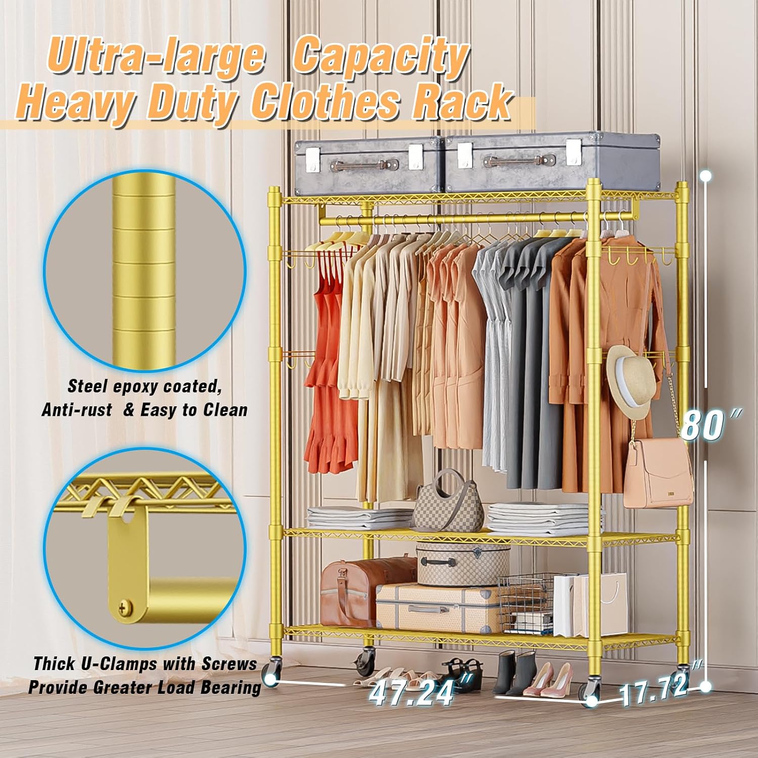 Homdox Gold Heavy Duty Clothes Rack with Wheels, 3-Tier Rolling Metal Garment Organizer with Double Hanging Rods & Hooks, Freestanding Portable Closet, 17.72' D x 47.24' W x 80.71' H