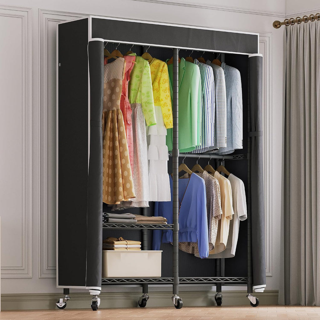 Higeego H9 Garment Rack with Cover, Heavy Duty Clothing Rack for Hanging Clothes, Portable Closet with wheels, Wardrobe Closet with Adjustable Shelves, Black Rack Shelf with Black Fabric Cover