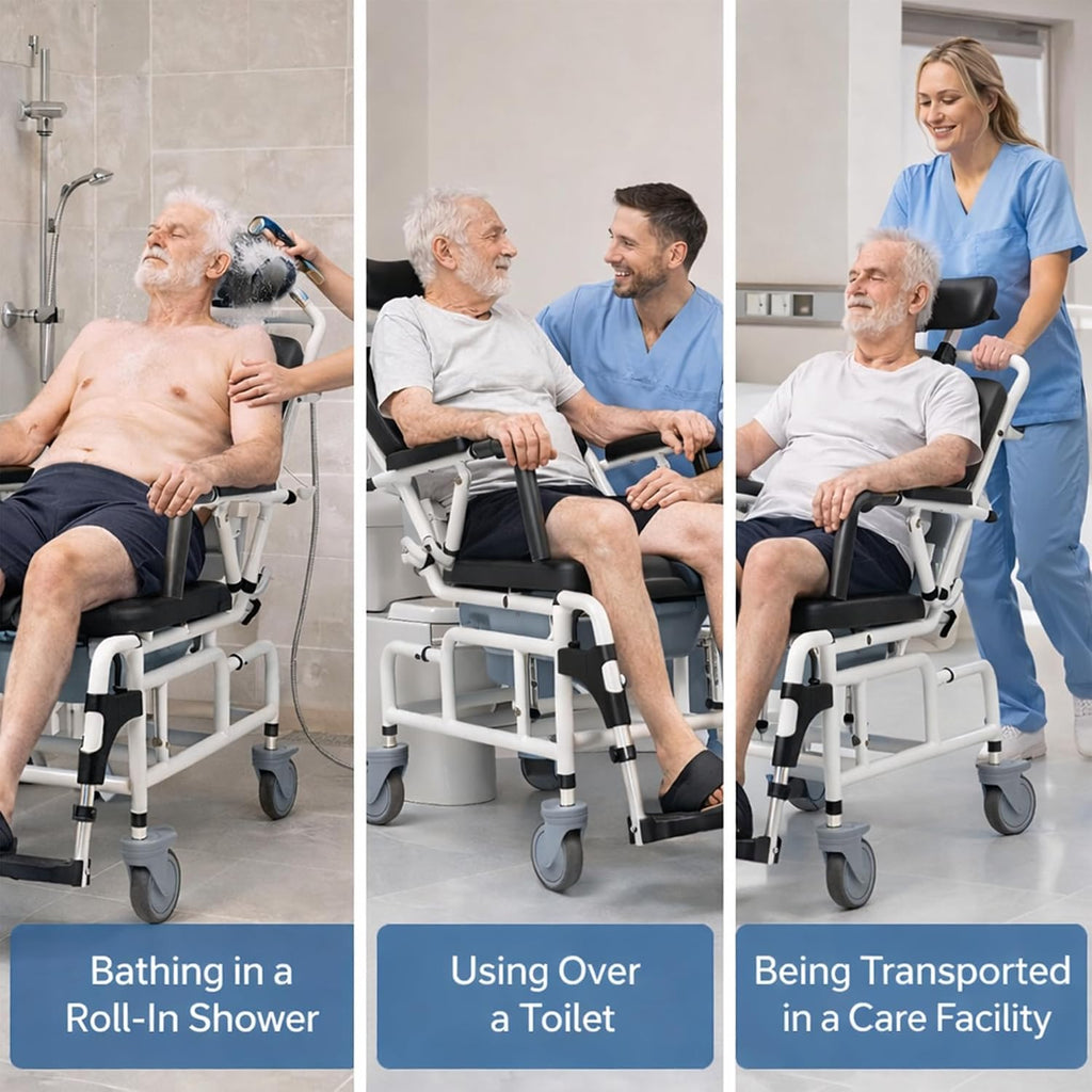 Eosprim Reclining Shower Chair with Wheels, Shower Wheelchair for Elderly and Disabled, Rolling Shower Chair with Commode, Bariatric Bathroom Wheelchair for Shower Use