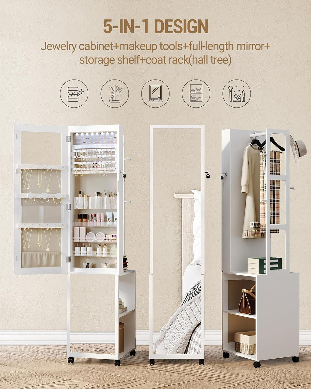 Hzuaneri 8 LEDs Jewelry Cabinet Armoire, 66.9-inch Jewelry Organizer with Garment Rack, Lockable Full-length Mirror with 4 Wheels, Storage Shelves with Hooks, 5-in-1, White and Beige JC17003BE