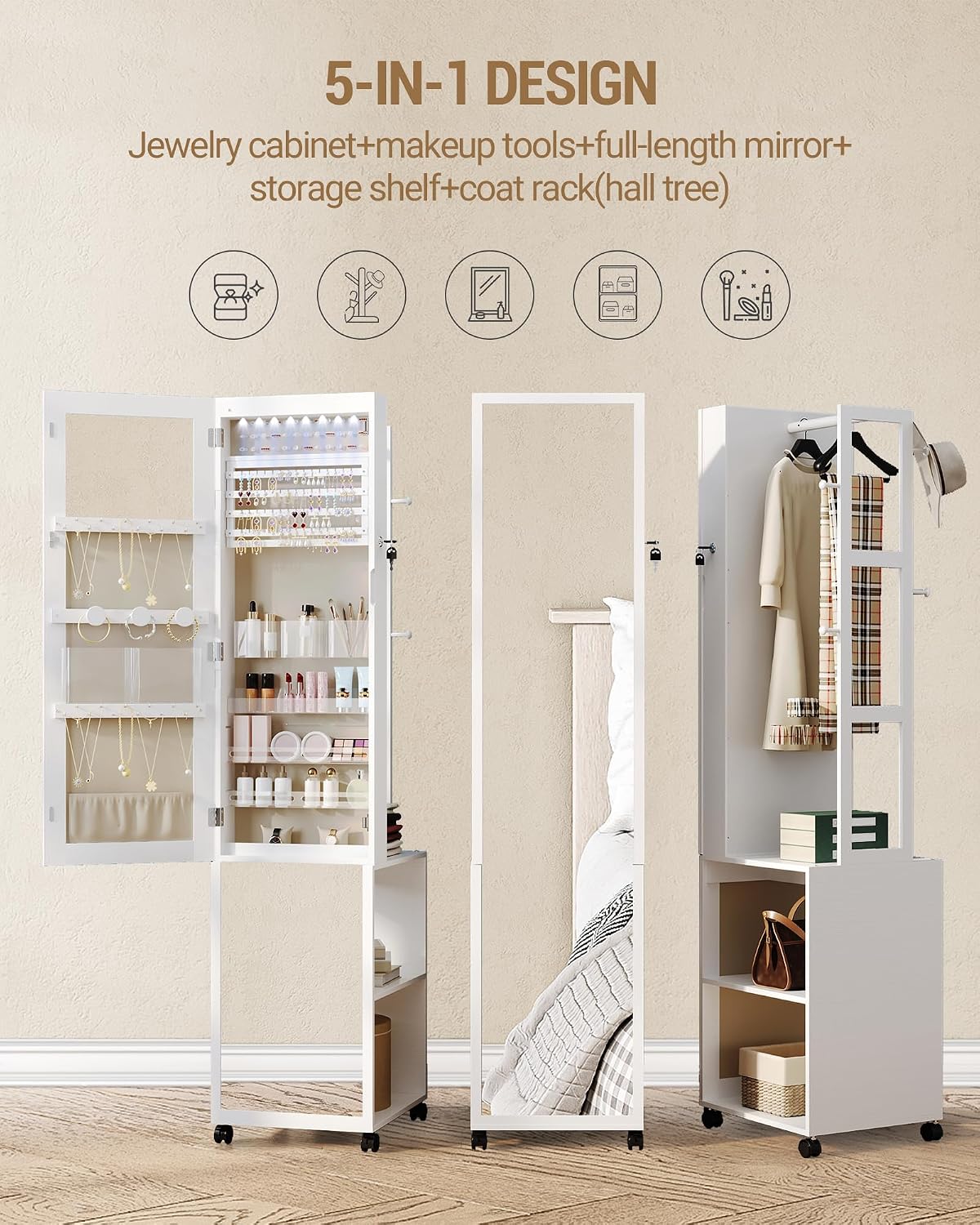 Hzuaneri 8 LEDs Jewelry Cabinet Armoire, 66.9-inch Jewelry Organizer with Garment Rack, Lockable Full-length Mirror with 4 Wheels, Storage Shelves with Hooks, 5-in-1, White and Beige JC17003BE