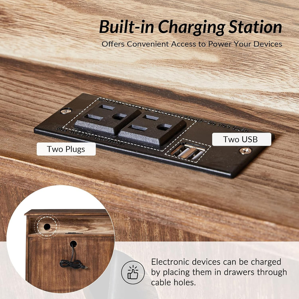HULALA HOME 3-Drawer Nightstand with Charging Station, Drawer Organizer with Wood Legs, Farmhouse Solid Wood Nightstand Set of 2(Walnut)