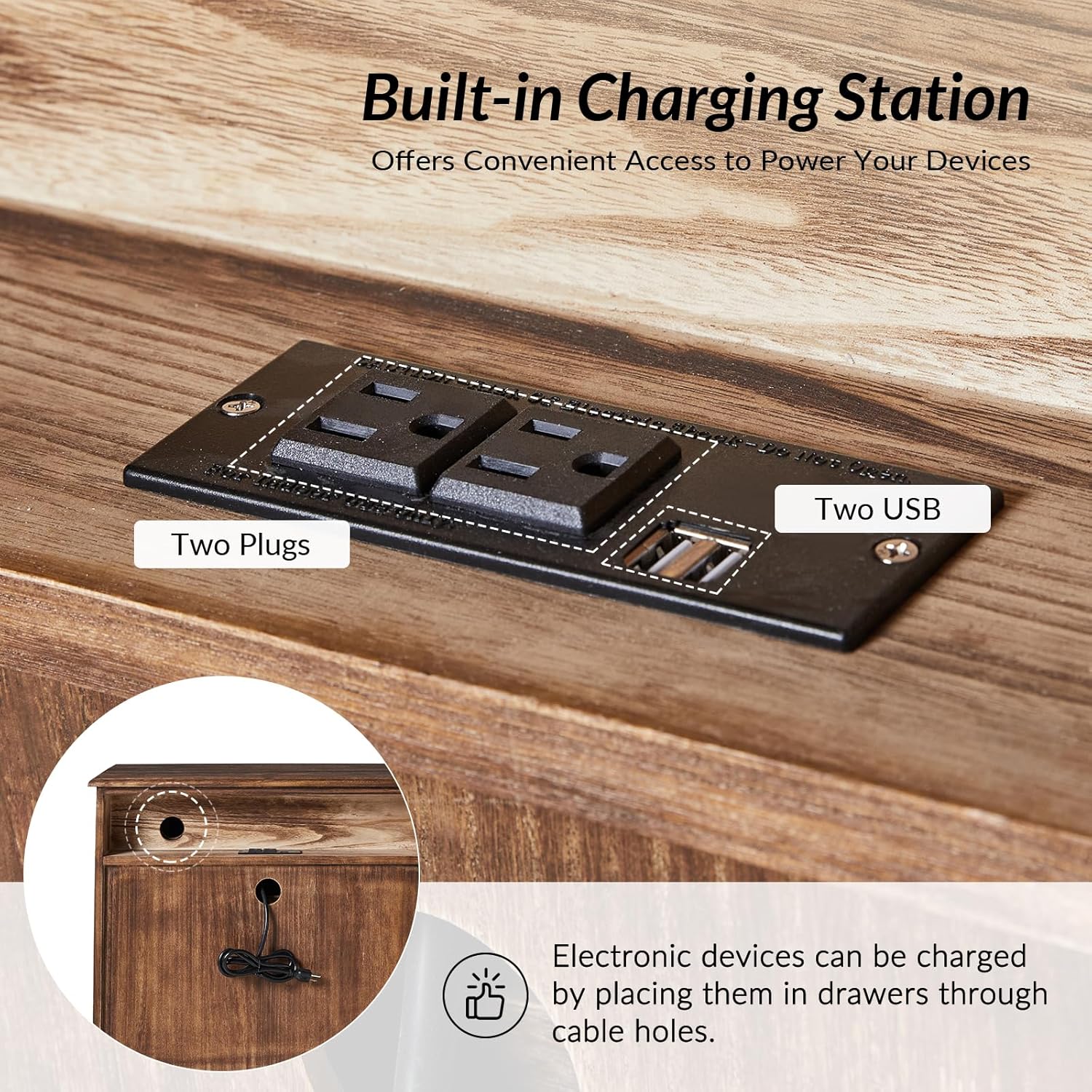 HULALA HOME 3-Drawer Nightstand with Charging Station, Drawer Organizer with Wood Legs, Farmhouse Solid Wood Nightstand(Walnut)