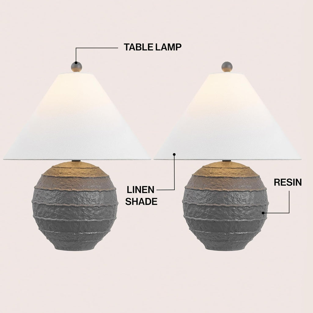 JONATHAN Y 21' Gray Coastal Cottage Textured Resin Table Lamp Set of 2, Farmhouse Ridged Nightstand Lamps for Living Room Bedroom, White Linen Shade, LED Bulbs (JYL9205B-SET2)
