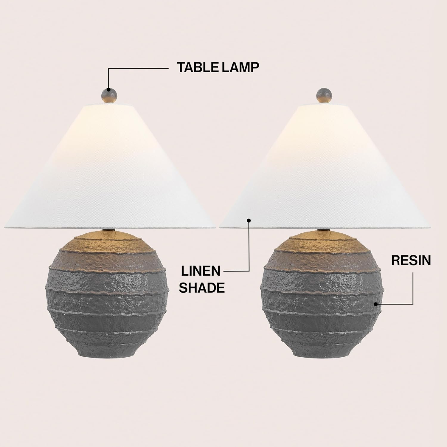 JONATHAN Y 21' Gray Coastal Cottage Textured Resin Table Lamp Set of 2, Farmhouse Ridged Nightstand Lamps for Living Room Bedroom, White Linen Shade, LED Bulbs (JYL9205B-SET2)