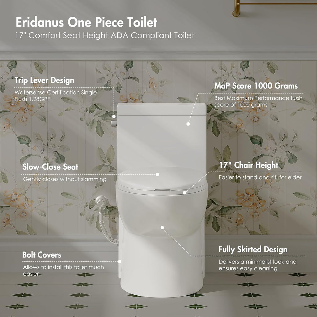Eridanus One Piece Toilets for Bathroom, Elongated Toilet with Compact Soft Closing Seat, ADA Compliant 17' Toilet Bowl, 12' Rough in, Left Handle Powerful Flush 1.28GPF, Modern Ceramic Model 321S