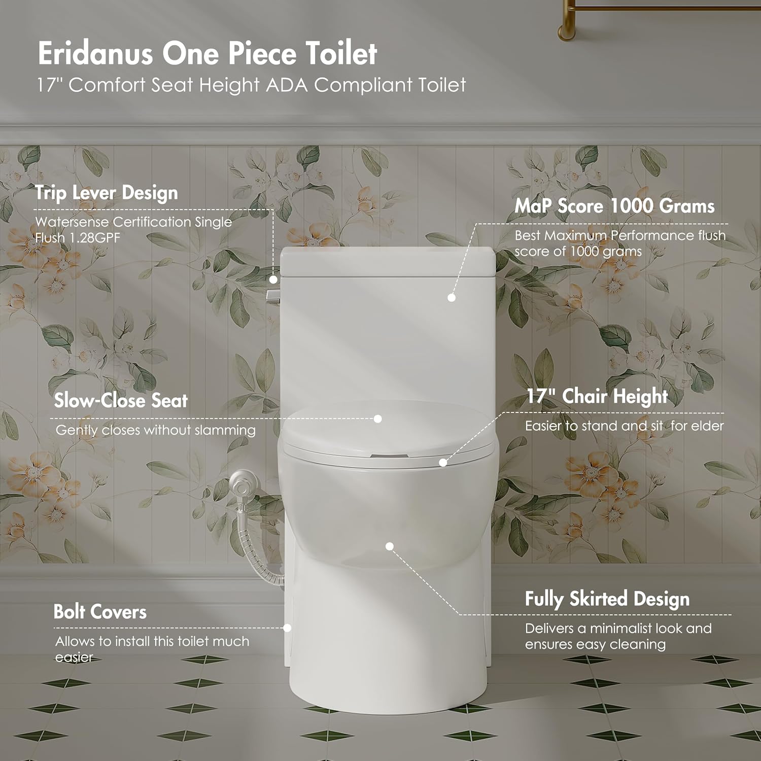 Eridanus One Piece Toilets for Bathroom, Elongated Toilet with Compact Soft Closing Seat, ADA Compliant 17' Toilet Bowl, 12' Rough in, Left Handle Powerful Flush 1.28GPF, Modern Ceramic Model 321S
