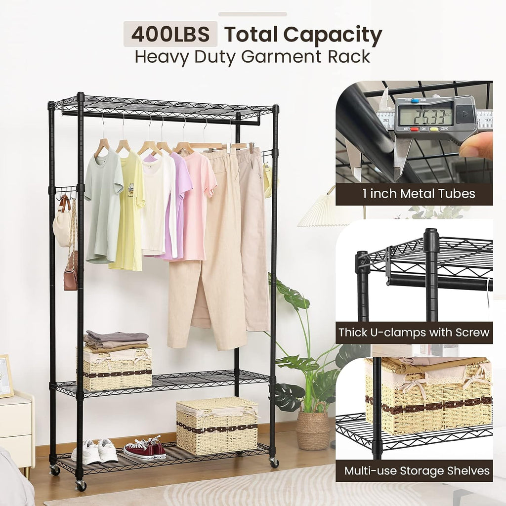 Homdox Garment Rack with 3 Tier Wire Adjustable Shelves, Rolling Clothes Rack Heavy Duty, 1 Hanging Rod, 2 Side Hooks, Black