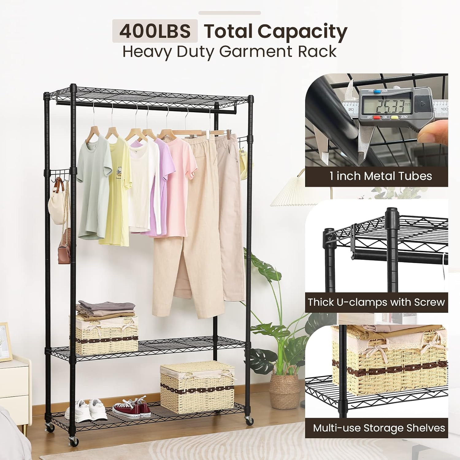 Homdox Garment Rack with 3 Tier Wire Adjustable Shelves, Rolling Clothes Rack Heavy Duty, 1 Hanging Rod, 2 Side Hooks, Black