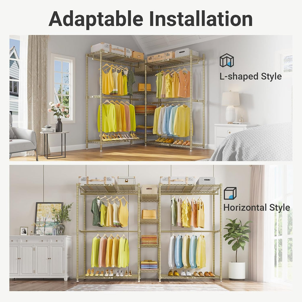 VIPEK X3 Expandable Heavy Duty Clothes Rack Adjustable from 5'2' to 8' with Adjustable Shelves and Hanger Rods, Large Freestanding Clothing Racks Reach-in & Walk-in Closet, Max Load 1210LBS, Gold