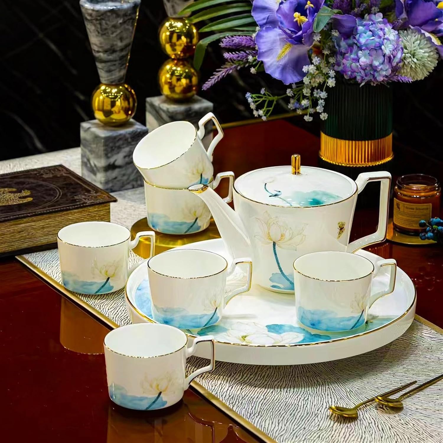 Beverage Serveware Modern teapot and teacup set coffee set combination Jingdezhen tea set with rotating tray Water Carafe