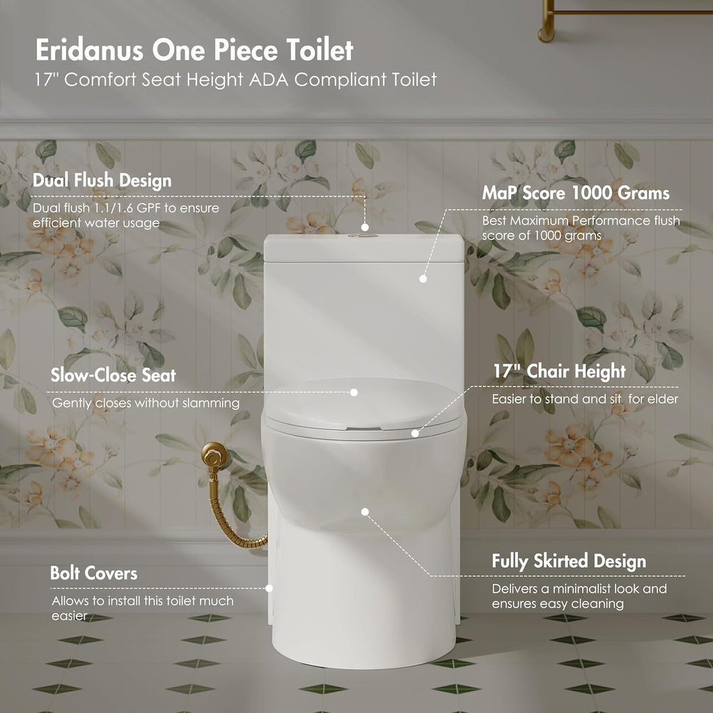 Eridanus One Piece Toilets for Bathroom, Elongated Toilet with Compact Soft Closing Seat, ADA Compliant 17' Toilet Bowl, 12' Rough in, Powerful Dual Flush 1.1/1.6 GPF, Modern Ceramic White
