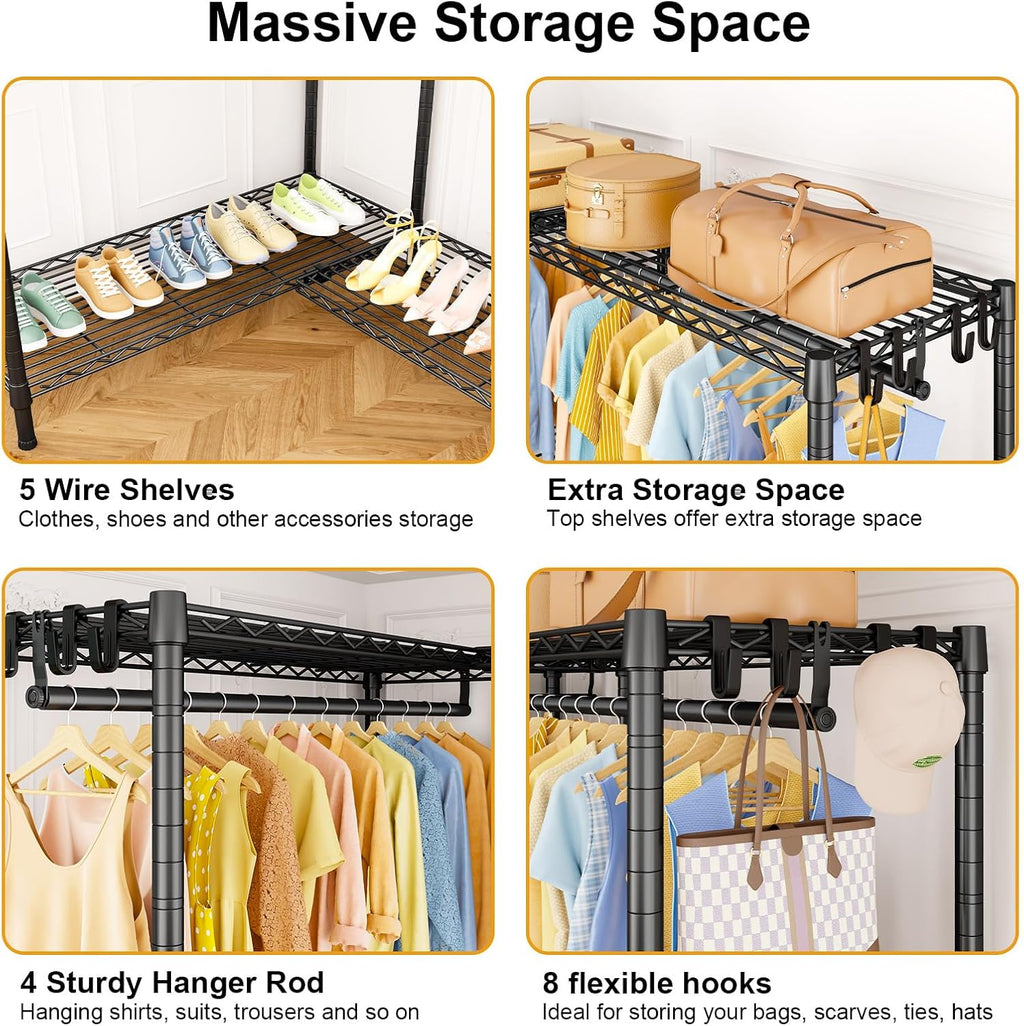 ULIFHOME E15 Pro Garment Rack L Shaped Clothes Rack for Corner，Freestanding Clothing Racks for Hanging Clothes，Heavy Duty Closet System with 4 Hanging Rods & 8 S Hooks，48.8'W x 15.8'D x 78.4'H，Black