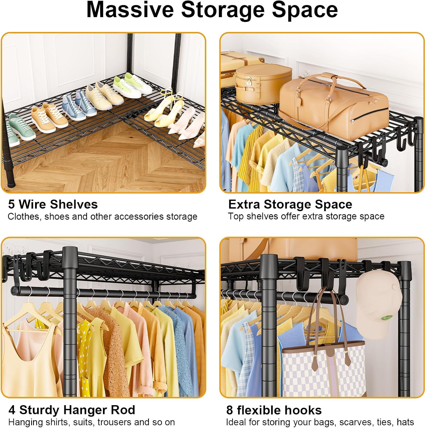 ULIFHOME E15 Pro Garment Rack L Shaped Clothes Rack for Corner，Freestanding Clothing Racks for Hanging Clothes，Heavy Duty Closet System with 4 Hanging Rods & 8 S Hooks，48.8'W x 15.8'D x 78.4'H，Black