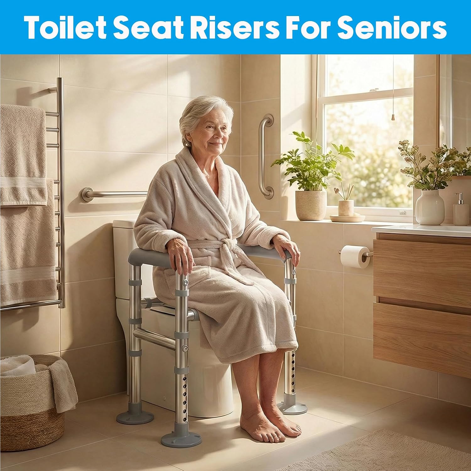 Toilet Seat Risers for Seniors, Raised Toilet Seat with Handles, 440lb Capacity, Adjustable Commode Chair with Non-Slip Padded Seat, Fits Most Toilets
