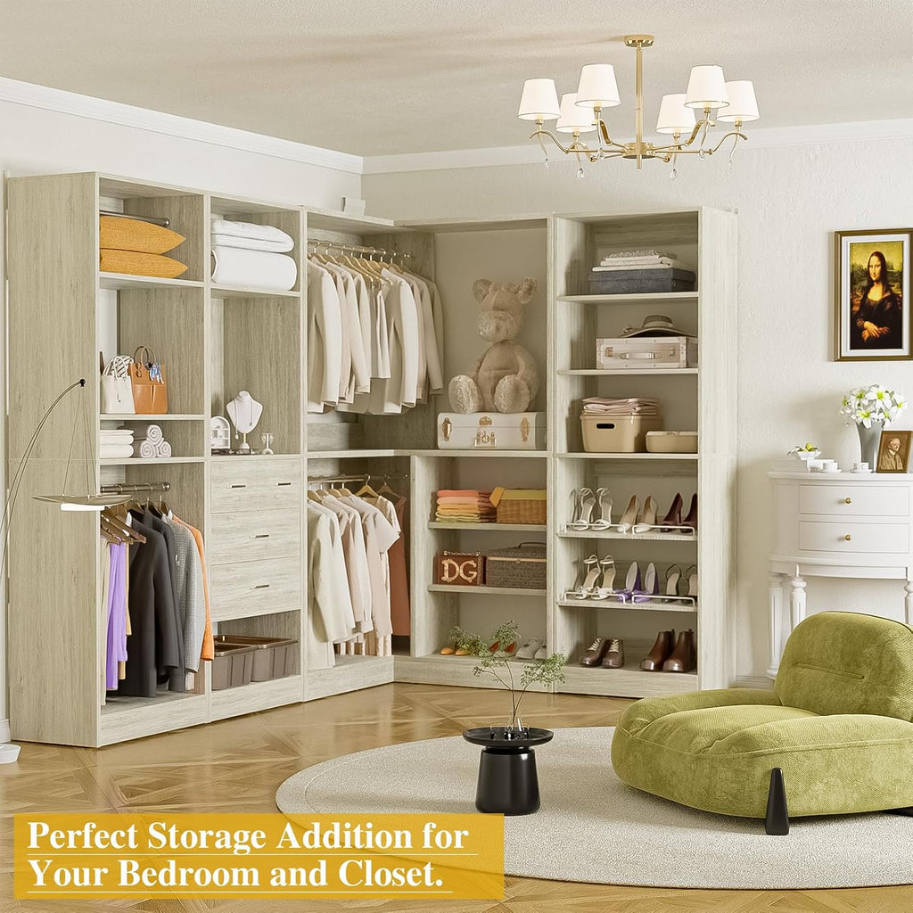 Unikito 110' Closet System with Drawers, 9.3FT Corner Closet Organizer with 4 Hanging Rods, Reversible Large Wood L Shaped Walk in Closets Wardrobe with Shoe Shelves, Set of 4, White Oak