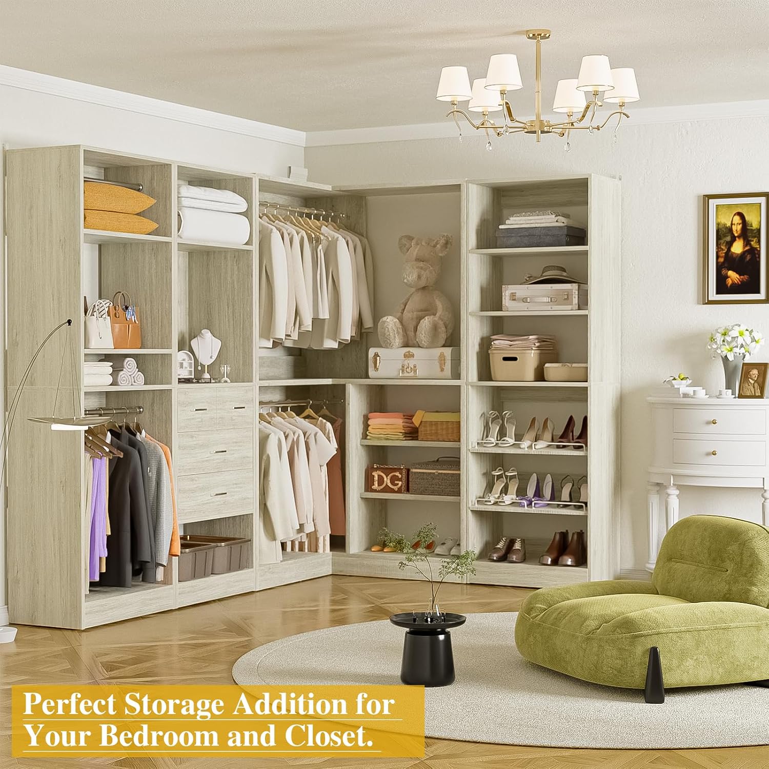 Unikito 110' Closet System with Drawers, 9.3FT Corner Closet Organizer with 4 Hanging Rods, Reversible Large Wood L Shaped Walk in Closets Wardrobe with Shoe Shelves, Set of 4, White Oak
