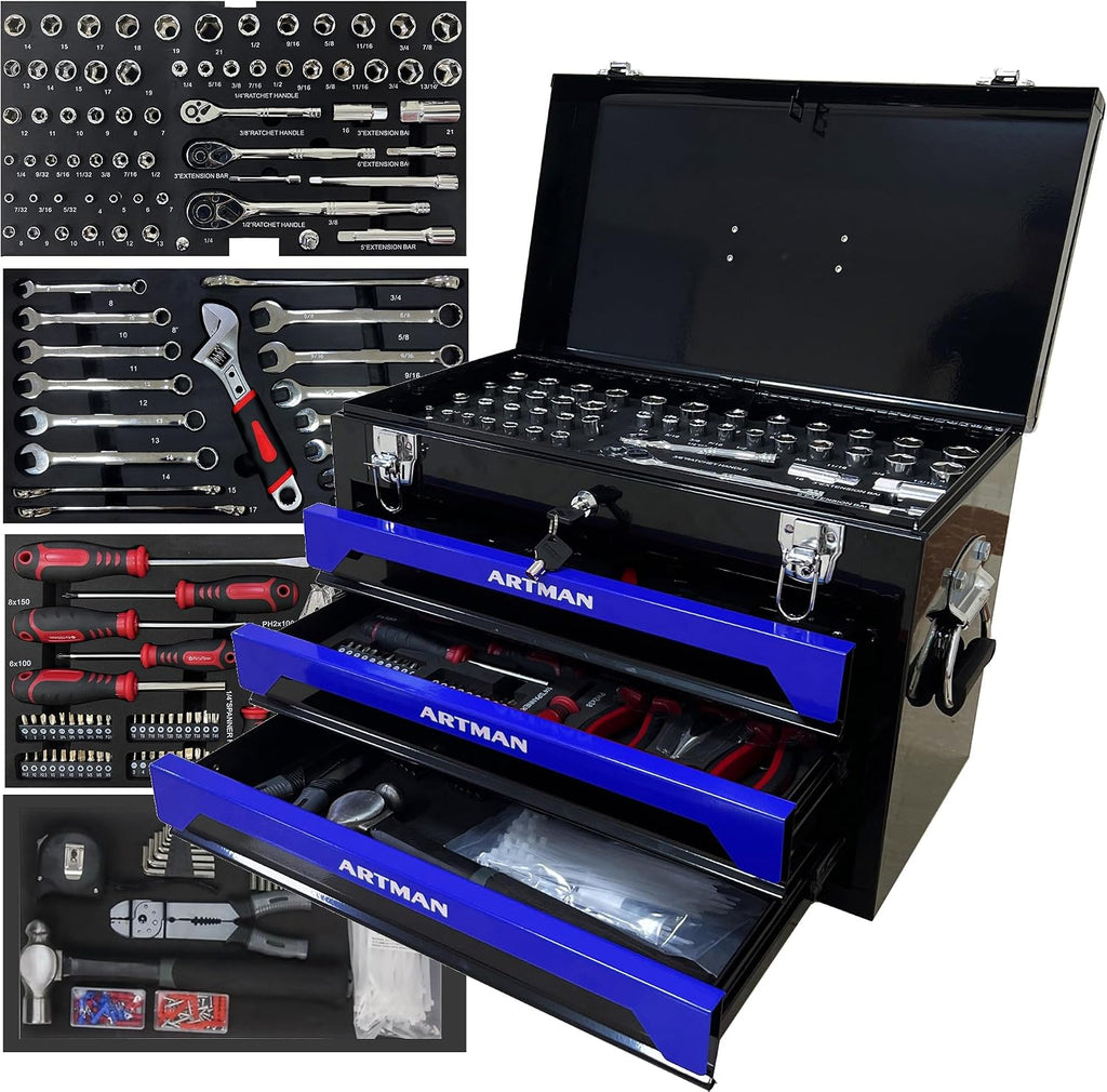 RYH 20' Portable 3-Drawer Steel Toolbox with Lock - Heavy Duty Tool Box Set for Mechanics, Electricians & Home Improvement | Includes Socket Wrench, Pliers, | Gift for Men, Handymen (Black+blue)