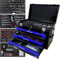 RYH 20' Portable 3-Drawer Steel Toolbox with Lock - Heavy Duty Tool Box Set for Mechanics, Electricians & Home Improvement | Includes Socket Wrench, Pliers, | Gift for Men, Handymen (Black+blue)