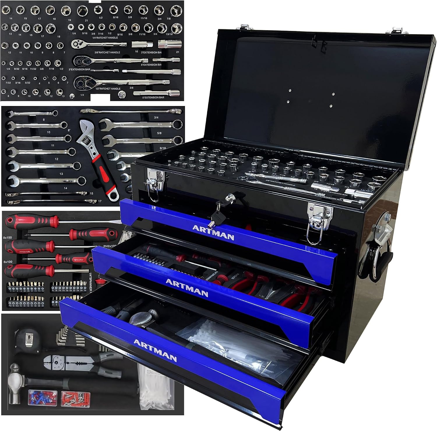 RYH 20' Portable 3-Drawer Steel Toolbox with Lock - Heavy Duty Tool Box Set for Mechanics, Electricians & Home Improvement | Includes Socket Wrench, Pliers, | Gift for Men, Handymen (Black+blue)