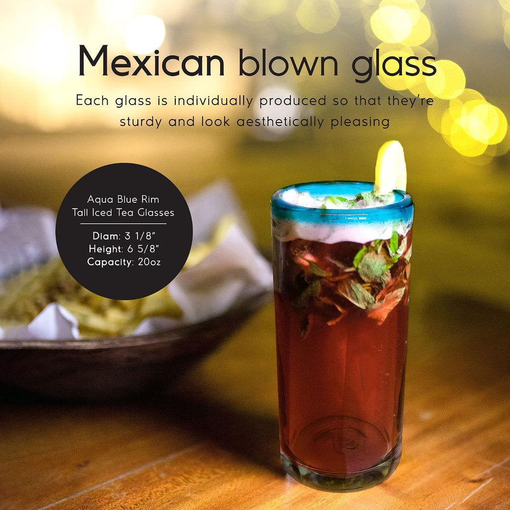 Aqua Blue Rim 20 oz Tall Iced Tea Glasses (set of 6) Mexican Handmade Glassware, Recycled Glass, Lead-free, Toxin-Free (Tall Iced Tea)
