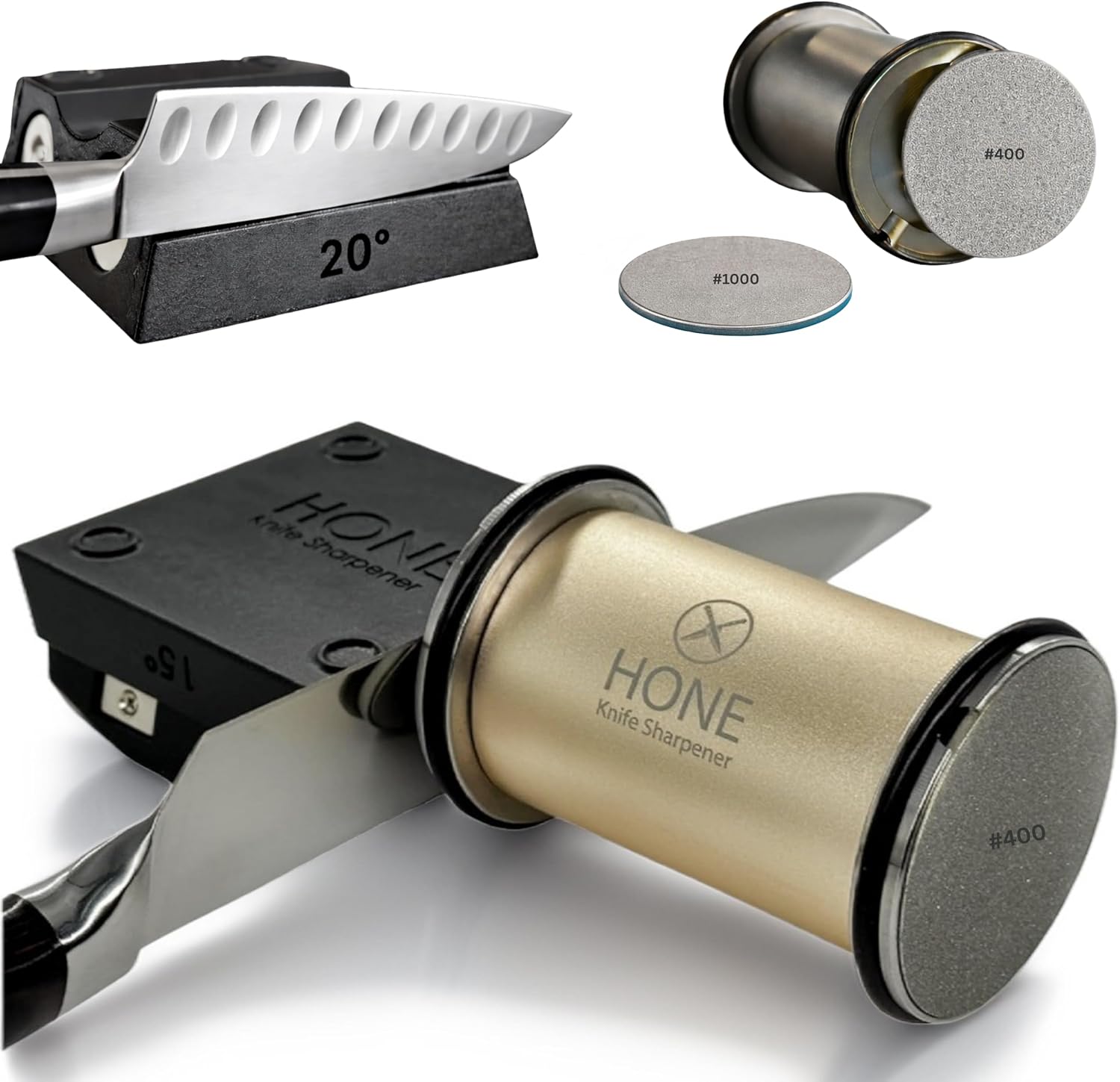𝗛𝗢𝗡𝗘 𝗞𝗻𝗶𝗳𝗲 𝗦𝗵𝗮𝗿𝗽𝗲𝗻𝗲𝗿 Engineered in Canada, Kitchen Rolling Knife Sharpener with Ball Bearings, Detachable Dual-Sided Diamond Plates, Small Knives Slot, 20° & 15° Precision Sharpening