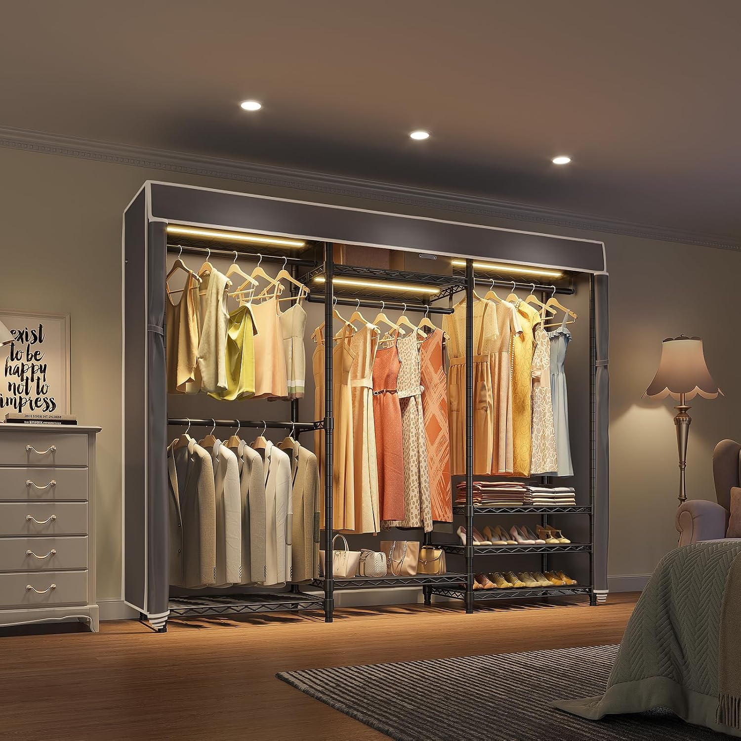 VIPEK V5LC Garment Rack Heavy Duty Covered with Dimmable LED Lights, 3000K Warm White, Portable Closet Wardrobe Freestanding for Hanging Clothes, Black with Grey Cover