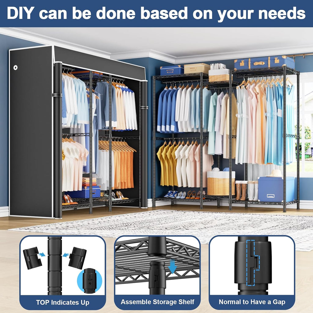 Ulif E12C Heavy Duty Closet Organizer System，Freestanding Clothing Rack, Adjustable Garment Rack 57.1' W x 16' D x 76.5' H Holds 860 lbs, Black Clothing Rack with Black Dustproof Cover
