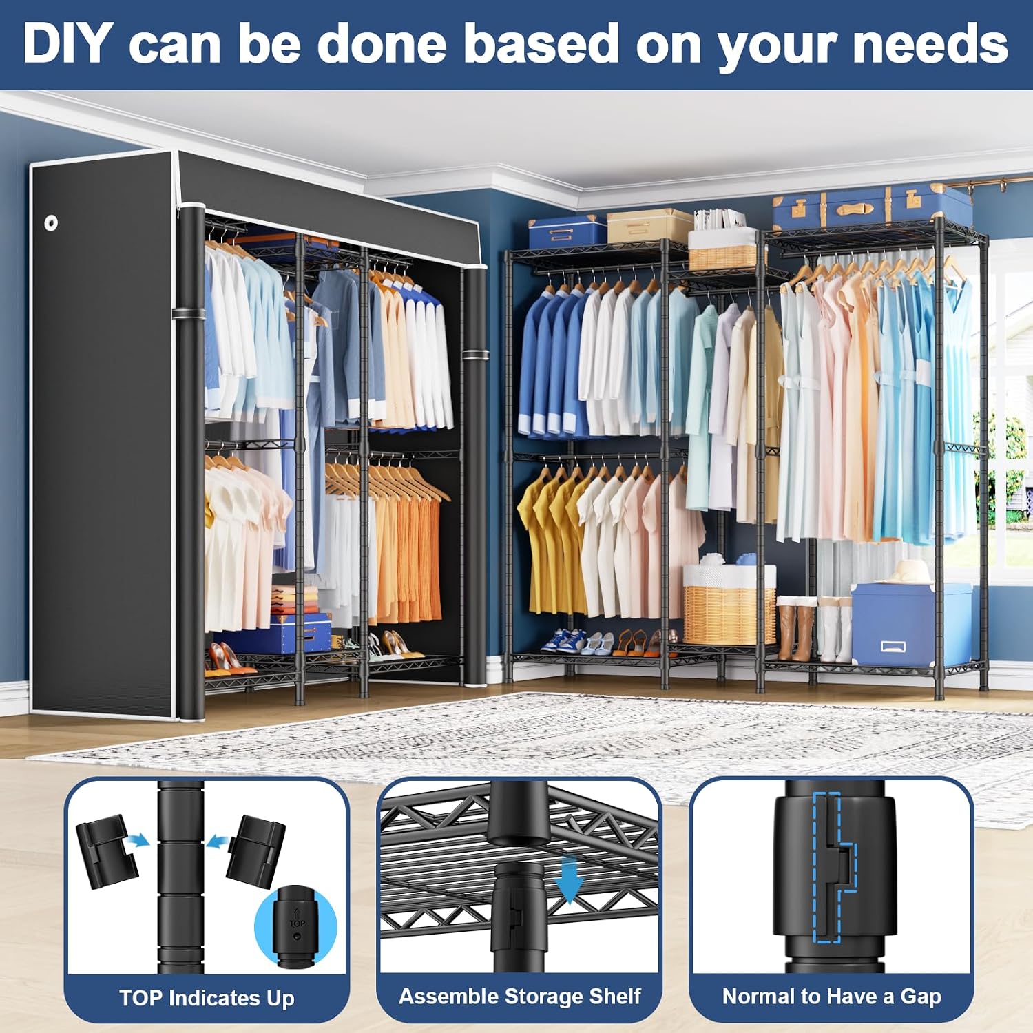 Ulif E12C Heavy Duty Closet Organizer System，Freestanding Clothing Rack, Adjustable Garment Rack 57.1' W x 16' D x 76.5' H Holds 860 lbs, Black Clothing Rack with Black Dustproof Cover