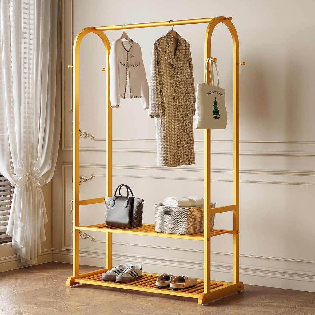 Gold Clothing Rack for Hanging Clothes,Sturdy metal clothes rack,Modern Garment Rack with Bottom Storage Shelves and 6 Side Hooks, Freestanding Wardrobe Rack for Bedroom or Closet
