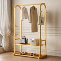 Gold Clothing Rack for Hanging Clothes,Sturdy metal clothes rack,Modern Garment Rack with Bottom Storage Shelves and 6 Side Hooks, Freestanding Wardrobe Rack for Bedroom or Closet