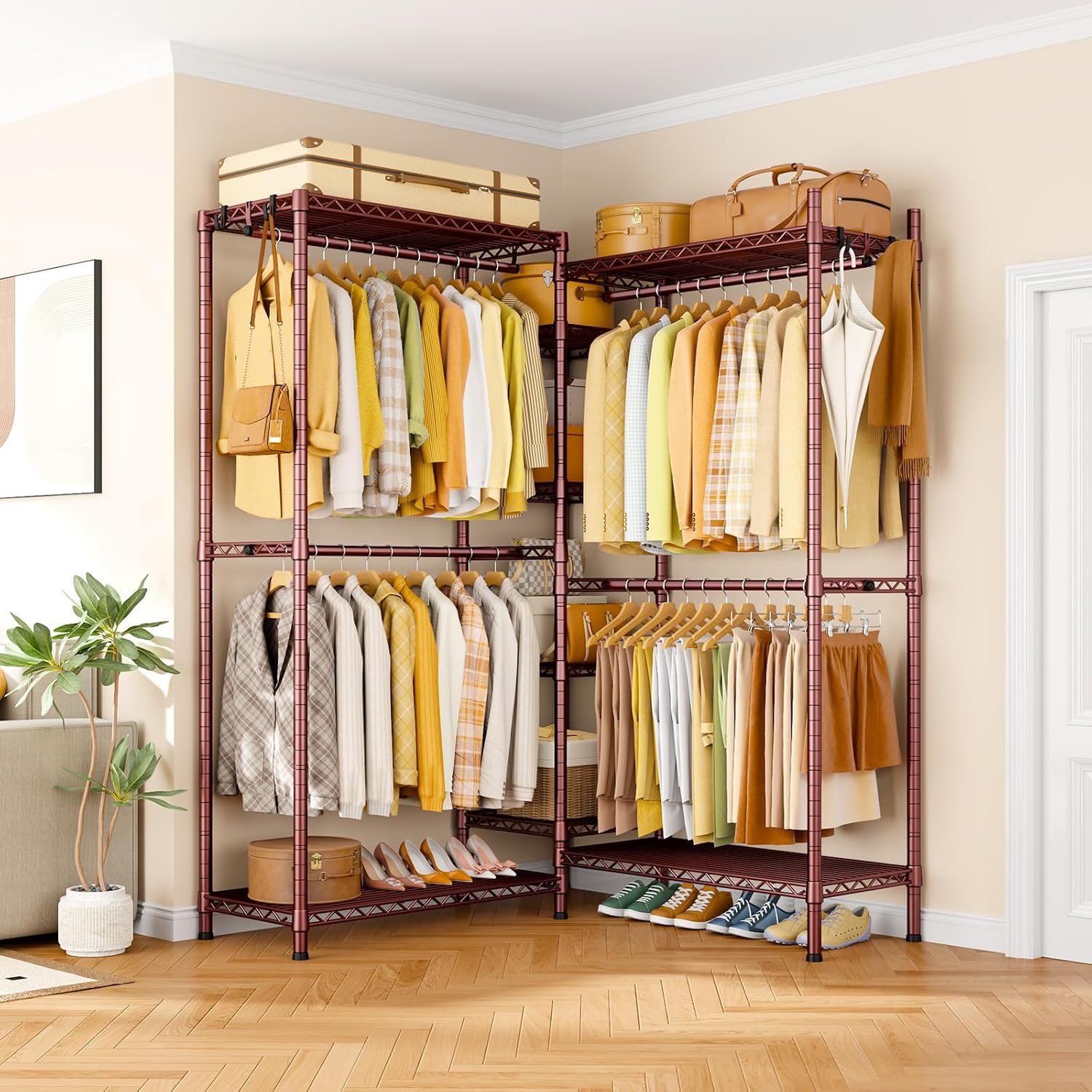 Ulif E4L L-shaped Clothes Rack, Heavy-Duty Garment Rack, Metal Freestanding Clothing Organization Storage System with Shelves and Hangers, Max Load 962lbs, 42.7' W x 42.7' D x 79.3' H, Bronze