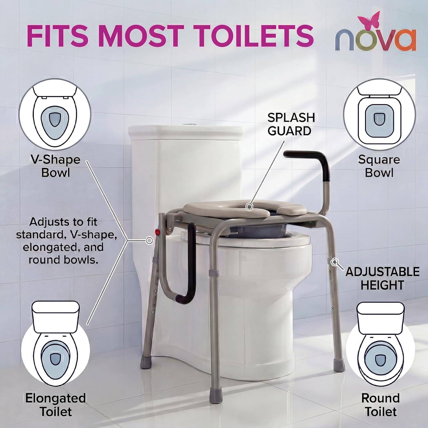 NOVA Medical Products Drop Arm Commode with Padded Seat and Back, Drop Down Arms for Easy Transfer, Stand Alone Bed Side Commode and Over The Toilet Commode, Comes with Bucket, Lid and Slash Guard Gray 1 Count