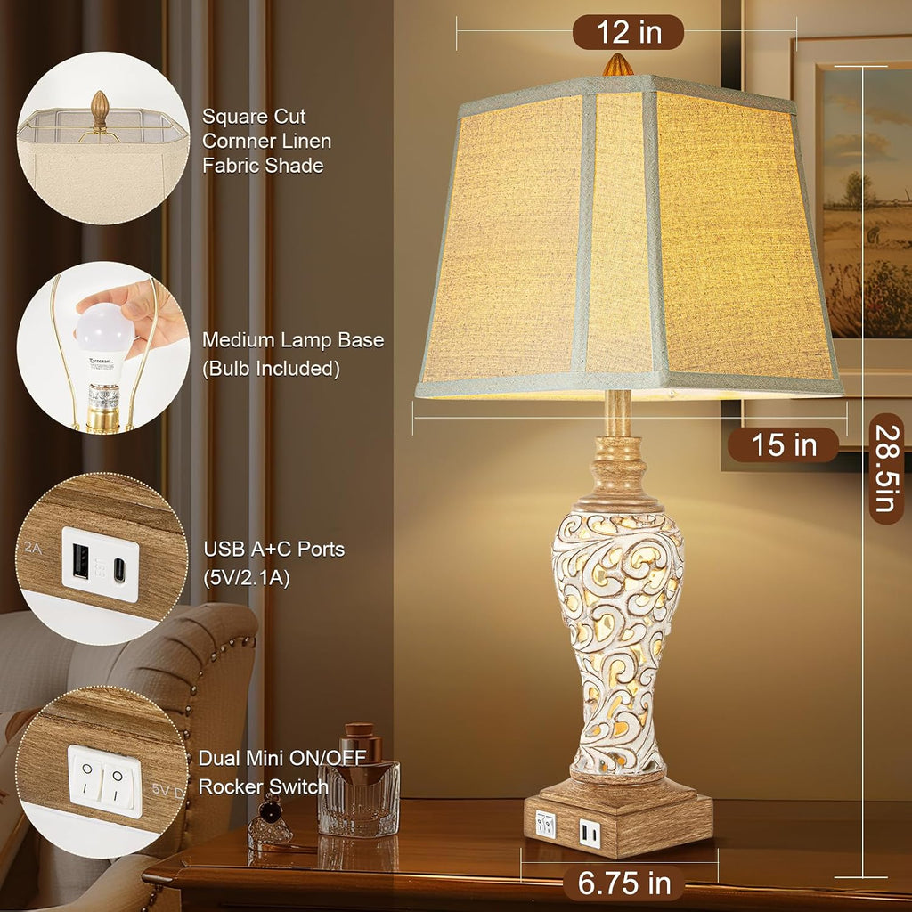 28.5' Rustic Table Lamp Set of 2 For Living Room Farmhouse Lamps for Bedroom, Bedside Lamps with Night Lights And USB C+A Charging Ports for Decor Office Study Hotel (Bulbs Included)