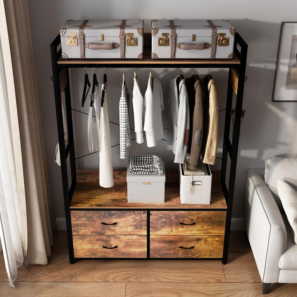 Clothes Rack with Drawers,Garment Rack with Shelves and Hanging Rod,Industrial Clothing Rack with bag storage,Freestanding Closet Organizer System for Storing Clothes,Shoes,bags, hats