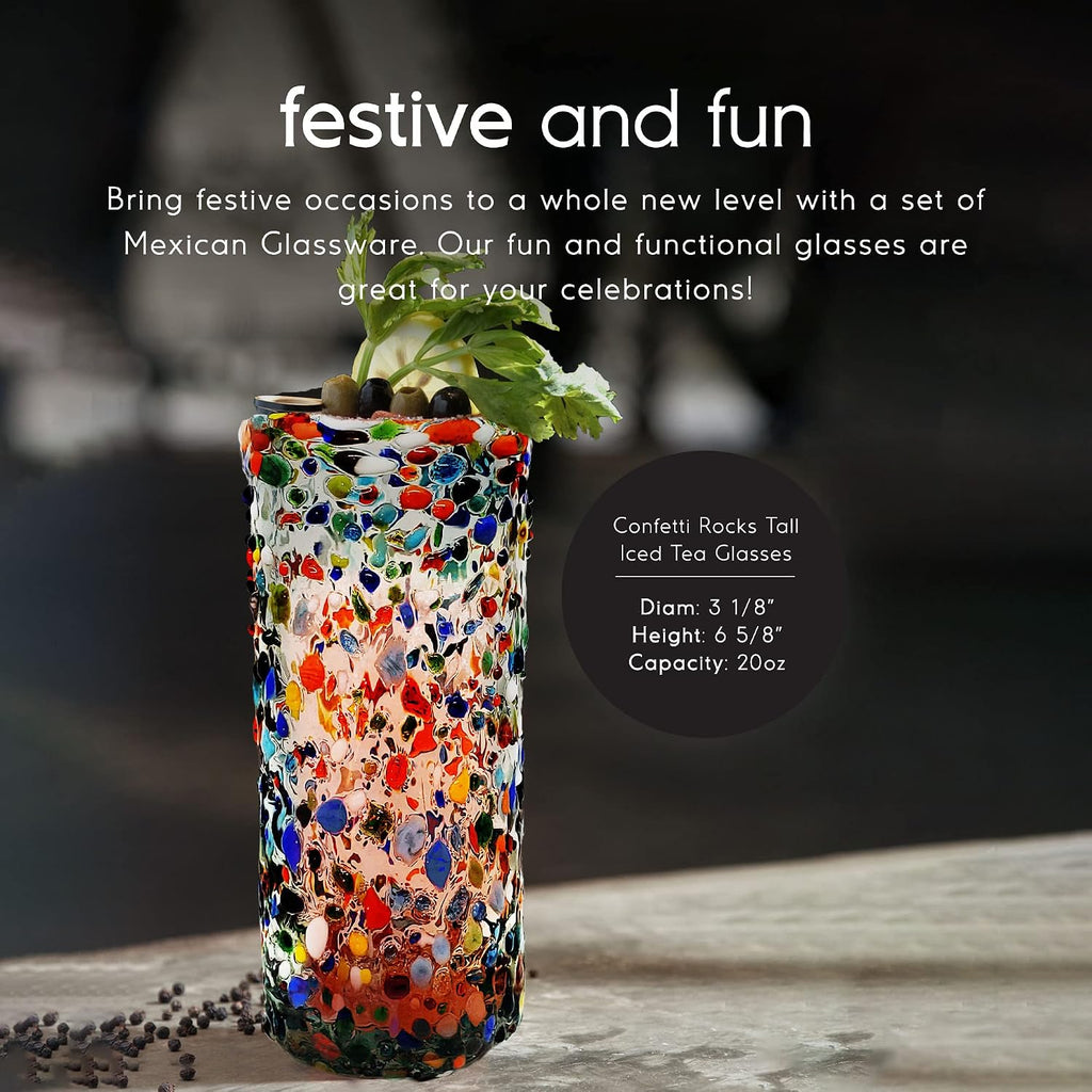 Confetti Rocks 20 oz Tall Iced Tea Glasses (set of 6) | Hand Blown Drinking Glasses, Multicolor Mexican Glassware Tumblers for Water, Juice, Margaritas & Cocktails | Lead-free, Toxin-Free