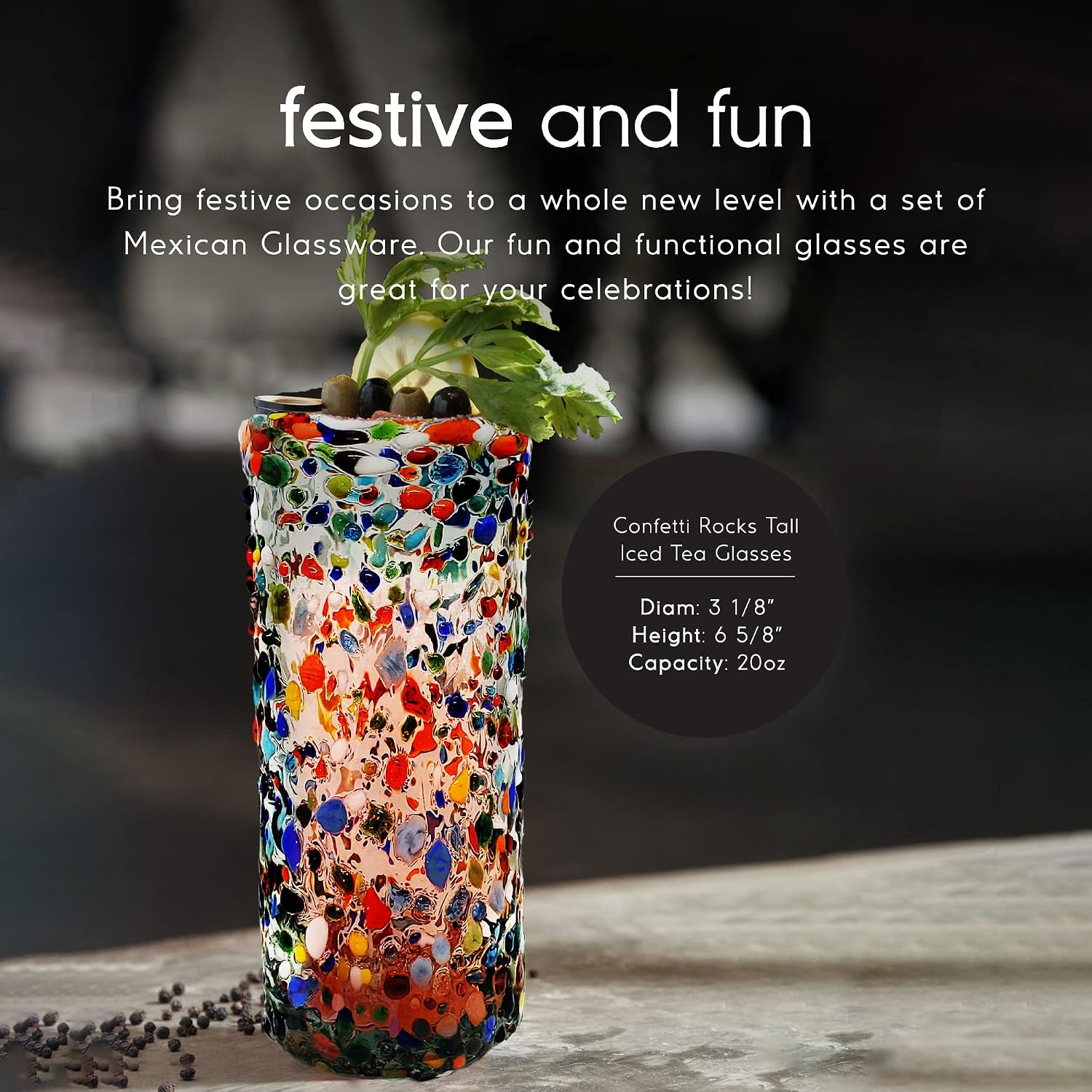 Confetti Rocks 20 oz Tall Iced Tea Glasses (set of 6) | Hand Blown Drinking Glasses, Multicolor Mexican Glassware Tumblers for Water, Juice, Margaritas & Cocktails | Lead-free, Toxin-Free