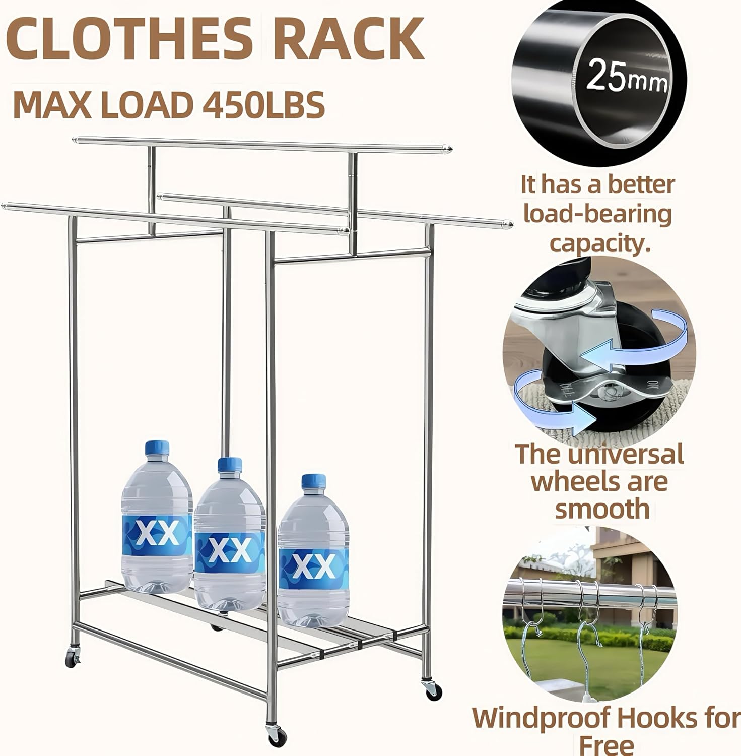 Roeveca Stainless Steel Clothes Rack, 3-Rod Garment Rack for Hanging Clothes with 4 Wheels Load 600 LBS