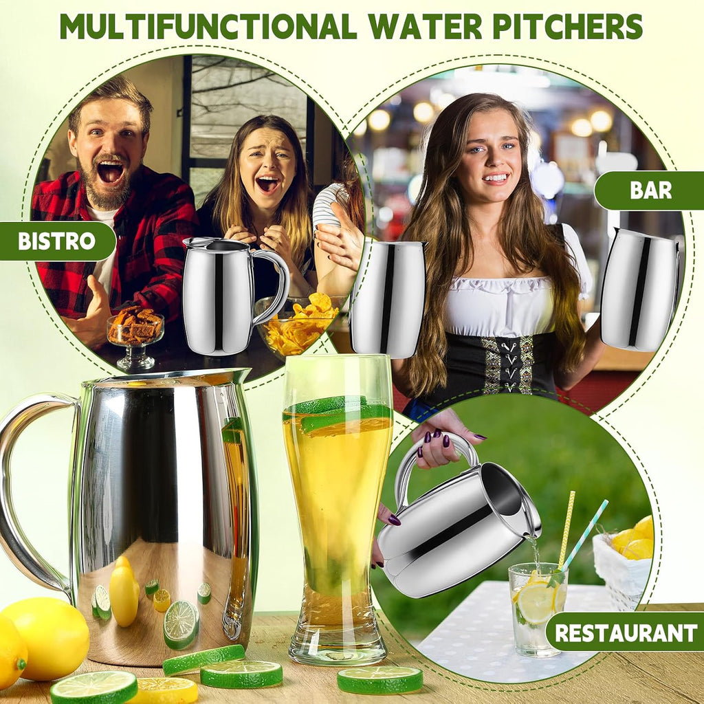 Funnymoom 6 Pcs 2 L Stainless Steel Water Pitchers with Ice Guard Smooth Silver Metal Bell Pitchers Jug Cold Beverages Carafe Serving Tool for Restaurants Home Dishwasher Safe