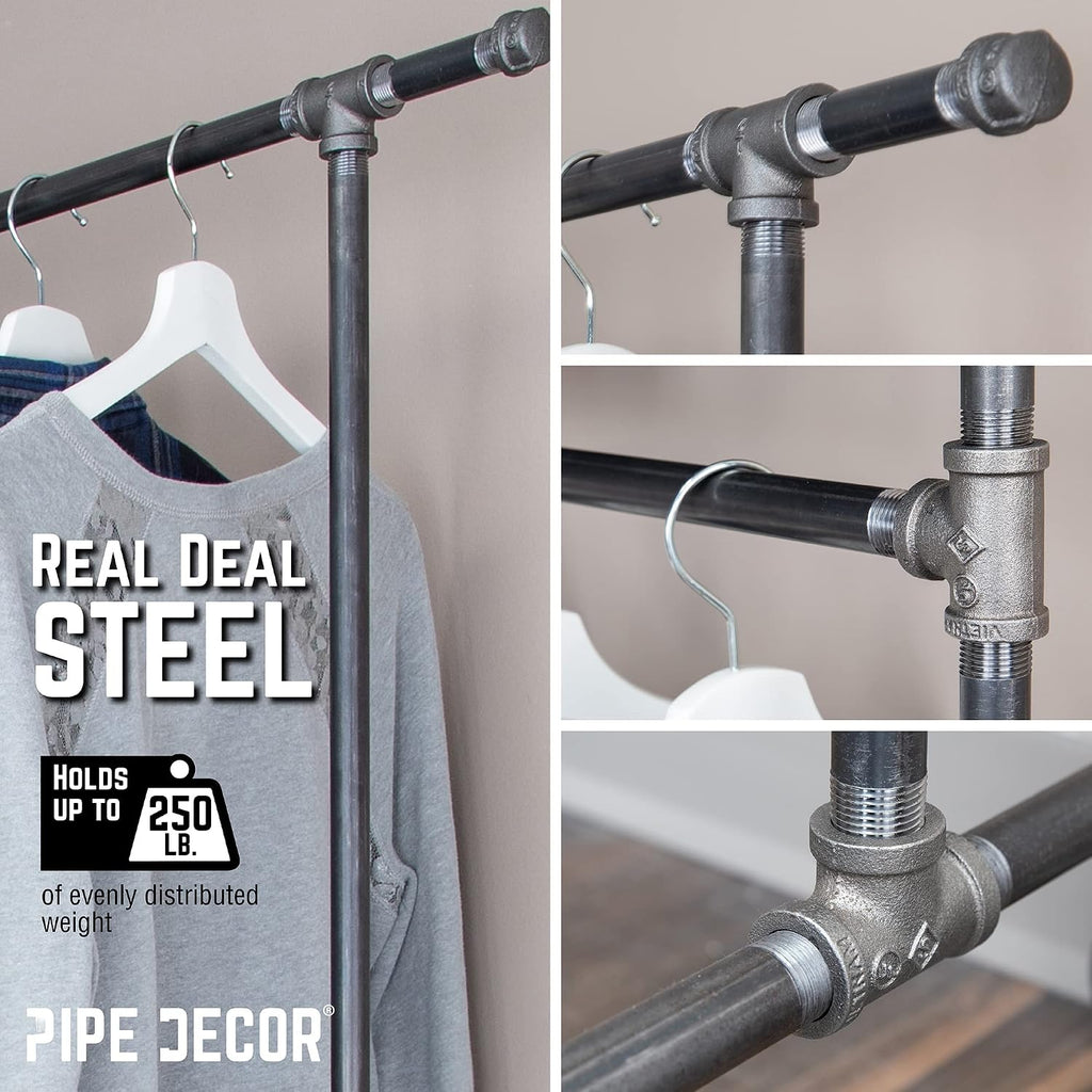PIPE DECOR 39' x 20 ¼' x 82' Rolling Steel Pipe Double Rod Clothing Rack, Commercial or Residential Industrial Clothes Display, Heavy Duty Black Steel Metal Wheeled Garment Frame